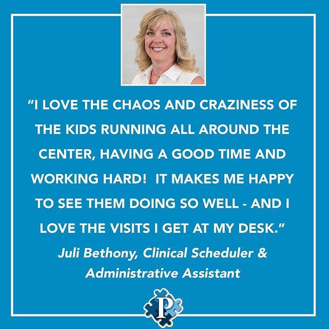 We recently spotlighted our amazing Clinical Scheduler and Administrative Assistant, Juli Bethony for our employee newsletter. Here is what Juli loves about her job! She cannot wait until the chaos returns to the center! Thank you, Juli!